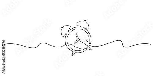 Continuous line drawing of a classic alarm clock on a wavy horizon Minimalist one line art of a vintage alarm clock for time management concepts Single line illustration of a ringing alarm clock 