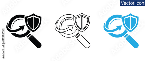 Professional vector icons illustrating security and protection concepts with magnifying glass and shield