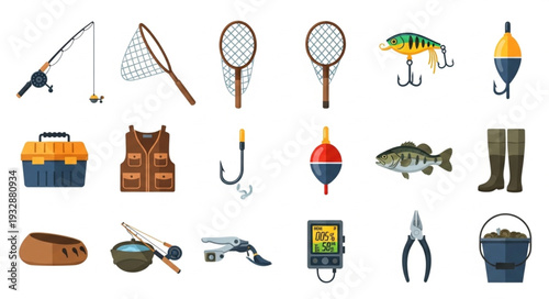 Collection of fishing equipment and accessories for recreational angling activities.
