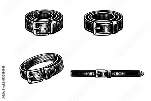Vintage black leather belts set in detailed engraved style