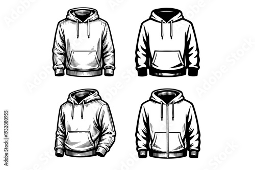 Set of four black and white hoodie drawings with different styles
