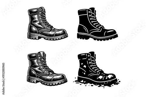 Vintage black and white illustrations of sturdy leather boots