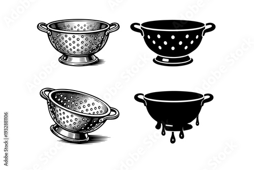 Vintage and modern colanders in black and white engraving style