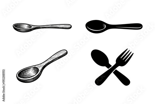 Black and white spoon and fork illustrations with vintage designs