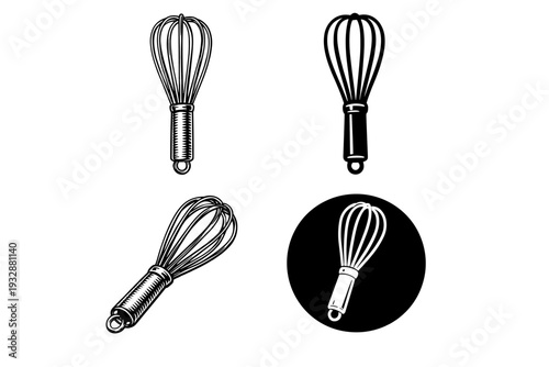 Set of four whisk illustrations: line art and silhouettes
