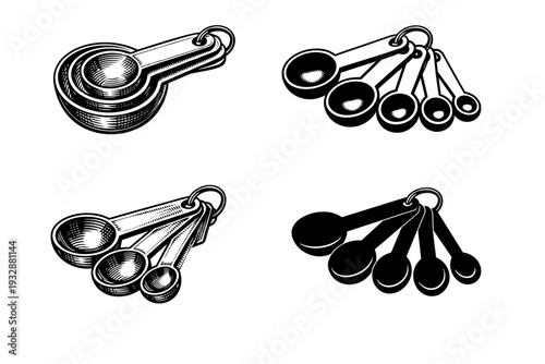 Set of four black and white measuring spoons illustrations