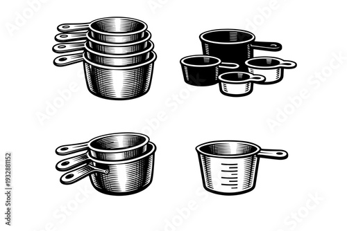 Monochrome vintage measuring cup set illustration on white background