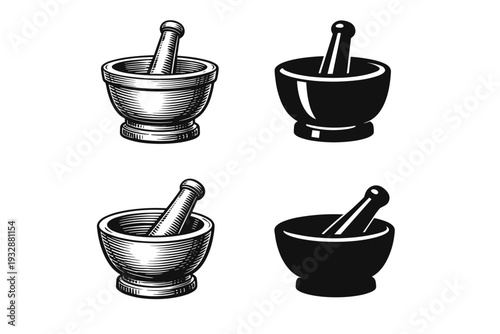 Vintage and modern mortar and pestle designs in black and white