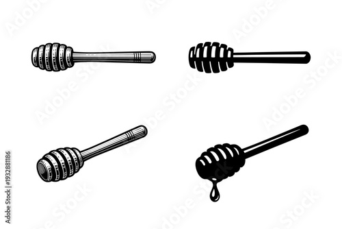 Set of four wooden honey dippers in black and white line art style