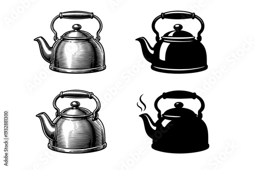 Vintage and modern teapots: black and white illustrations of kettles