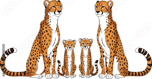 Cheetah Family Vector Illustration with Adult Big Cats and Cubs Sitting Together Isolated on White Background Wildlife Design