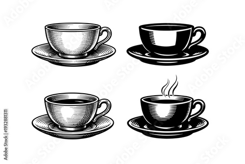 Vintage coffee cups and saucers collection in black and white vector a