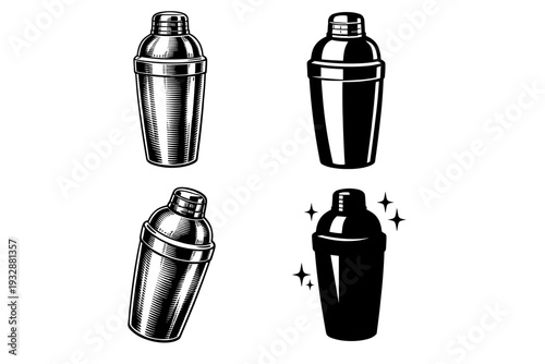 Set of vintage cocktail shakers in black and white illustrations