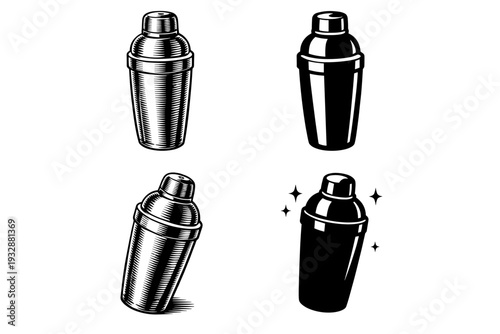 Vintage cocktail shaker illustrations with four styles and sparkle eff
