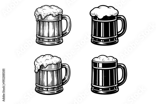 Vintage beer mug illustrations with foam