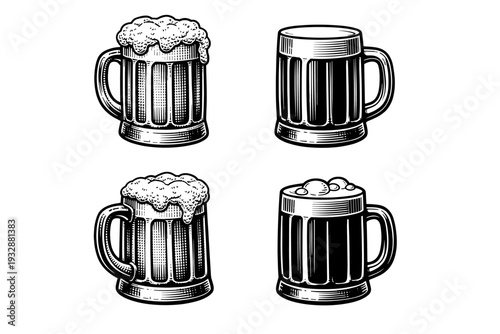 Vintage beer mugs with foam in black and white engraving style
