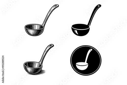 Variety of black and white ladle illustrations with different designs
