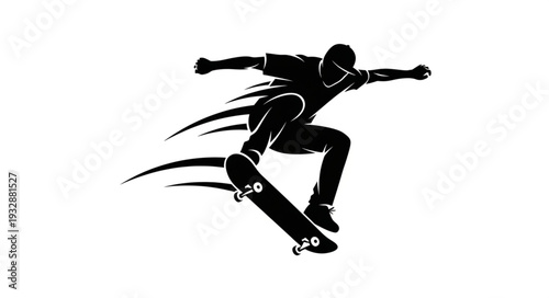Dynamic silhouette of a skateboarder mid-air performing a daring trick with speed.