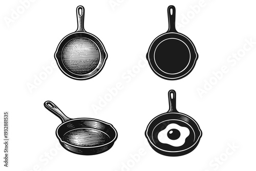 Vintage cast iron skillet collection with fried egg illustration