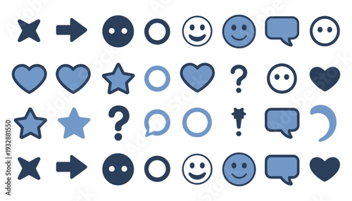 Blue and navy blue geometric icons including arrows speech bubbles stars and smiley faces, minimalist line and solid variations with bold shapes