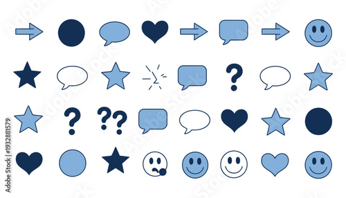 Blue and navy blue geometric icons including arrows speech bubbles stars and smiley faces, modern flat symbol collection in cohesive 