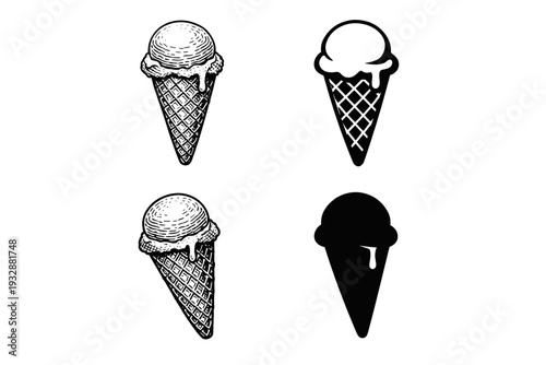 Vintage ice cream cone illustrations in black and white