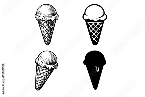 Set of four ice cream cone illustrations: detailed and simplified styl