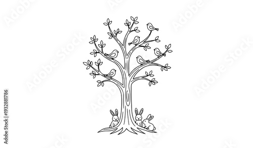 Minimal magic tree with rabbits and birds line art vector illustration