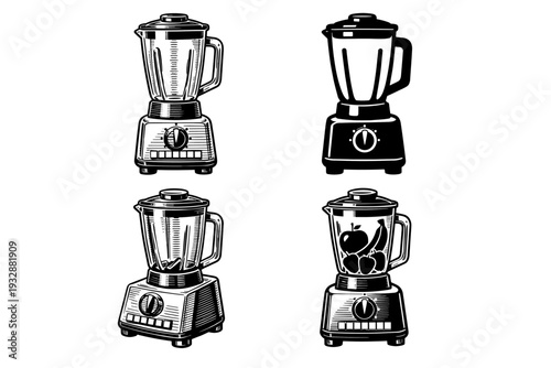 Retro kitchen blenders with fruit and ice - vintage appliance illustra