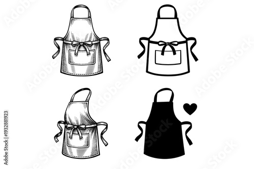 Set of four apron designs in black and white with heart detail