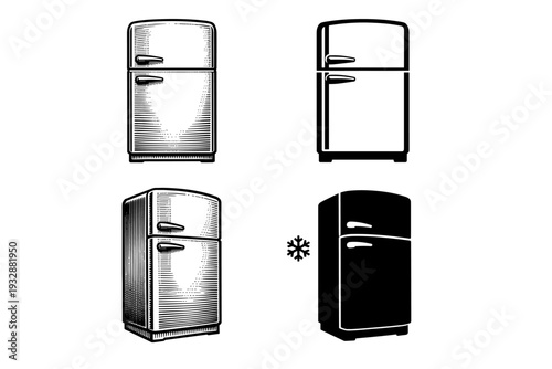 Vintage refrigerators illustration with retro style fridges and snowfl