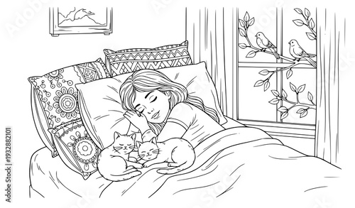 Girl and cats sleeping in bed bedtime vector illustration