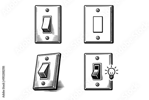 Vintage black and white light switches with hand-drawn style