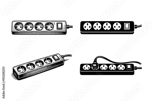 Set of four vintage power strips with plugs and sockets in black and w