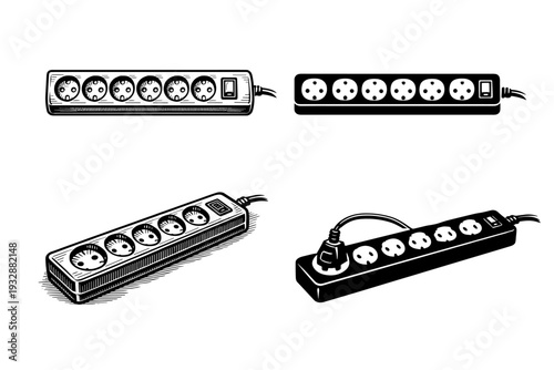 Set of four power strips with varying designs and configurations