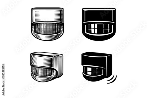 Vintage and modern motion sensor designs in black and white illustrati