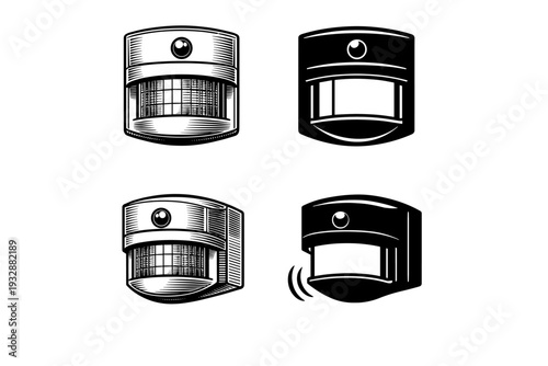 Vector set of black and white motion sensor icons with different desig