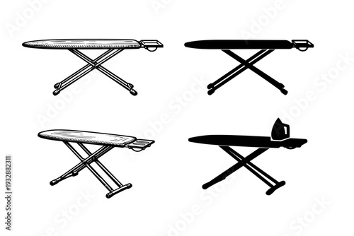 Set of four ironing boards with and without irons on white background