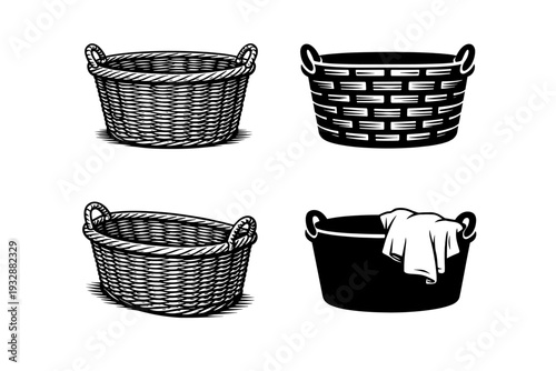 Variety of woven and solid baskets with handles in black and white des