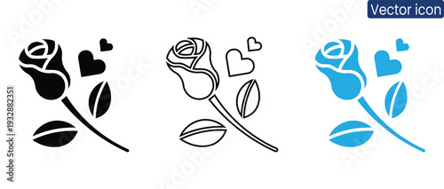 Stylish rose icon set with hearts in black, white, and blue