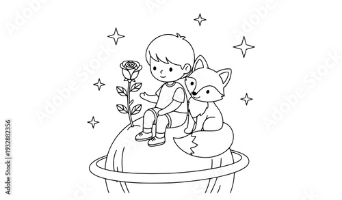 Minimal fairy tale boy and fox coloring page vector illustration