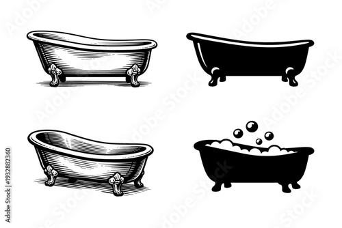 Vintage and modern bathtub illustrations in black and white