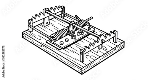 Detailed illustration of a classic wooden mousetrap ready to catch rodents.