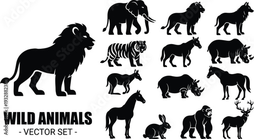 Collection of black wild animal silhouettes featuring a lion elephant tiger rhino gorilla and deer for zoo branding nature education and wildlife vector design