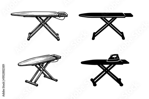 Vintage and modern ironing boards and iron silhouettes