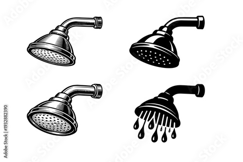 Set of vintage shower heads with different designs in black and white