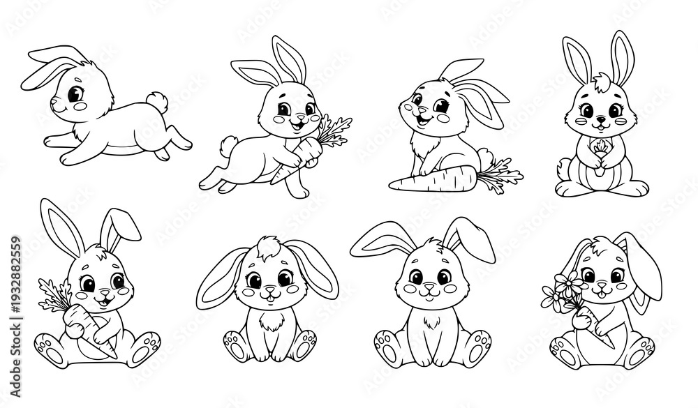 Obraz premium Funny bunnies hand drawn coloring book vector set on white background