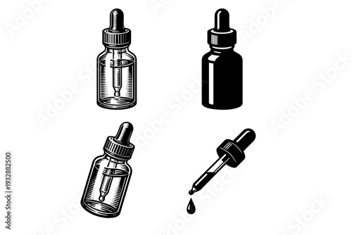 Black and white dropper bottles and pipettes in various positions