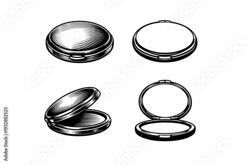 Vintage compact mirrors: detailed black and white engraved illustratio