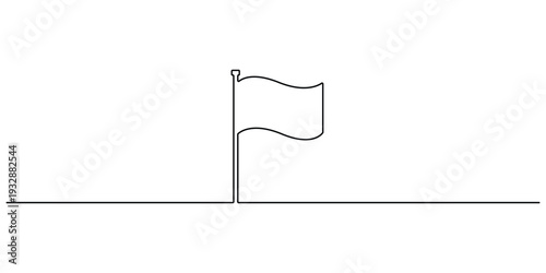 Continuous line drawing of a flag on a pole for success and milestones Minimalist one line art of a waving flag on a horizontal line Single line illustration of a flag symbol for goal achievement 